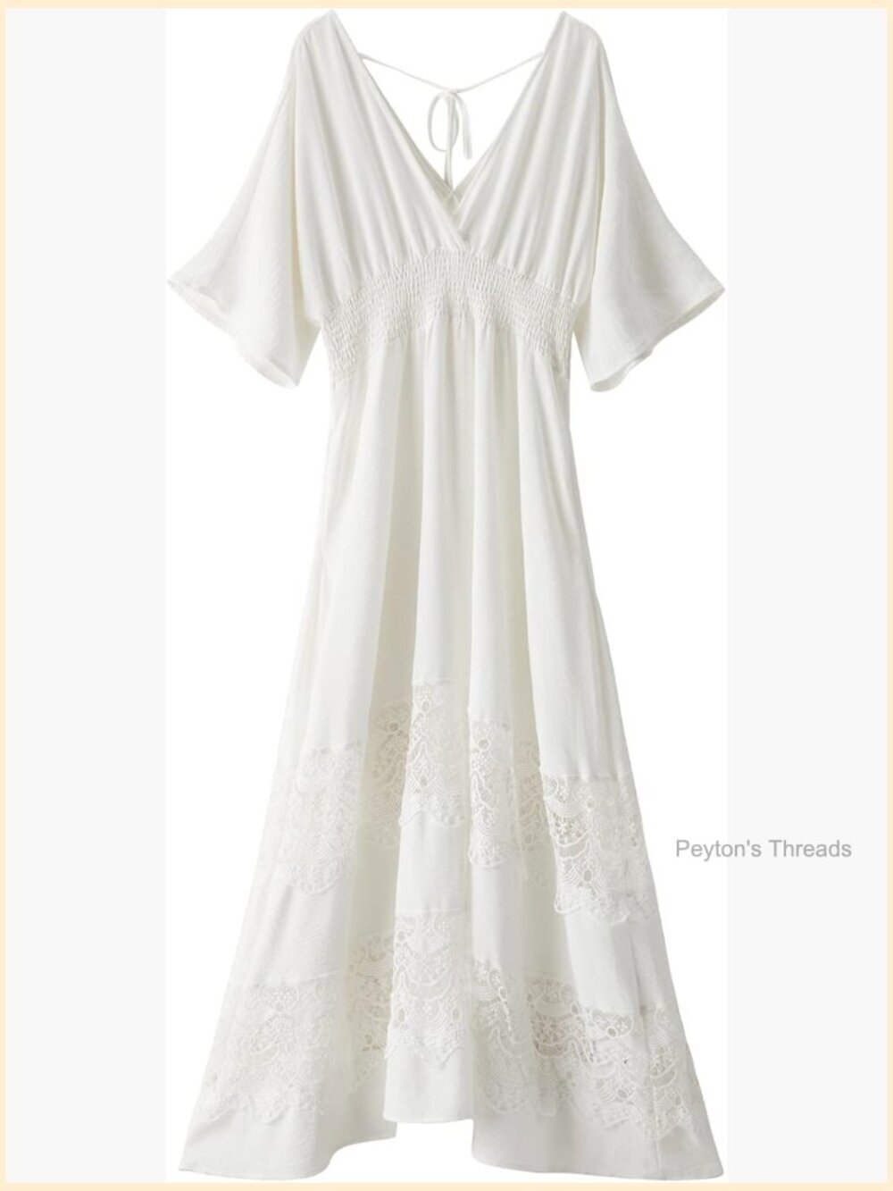 Lace Maxi Dress V Neck Short Sleeve Smocked Waist Boho Party Dress